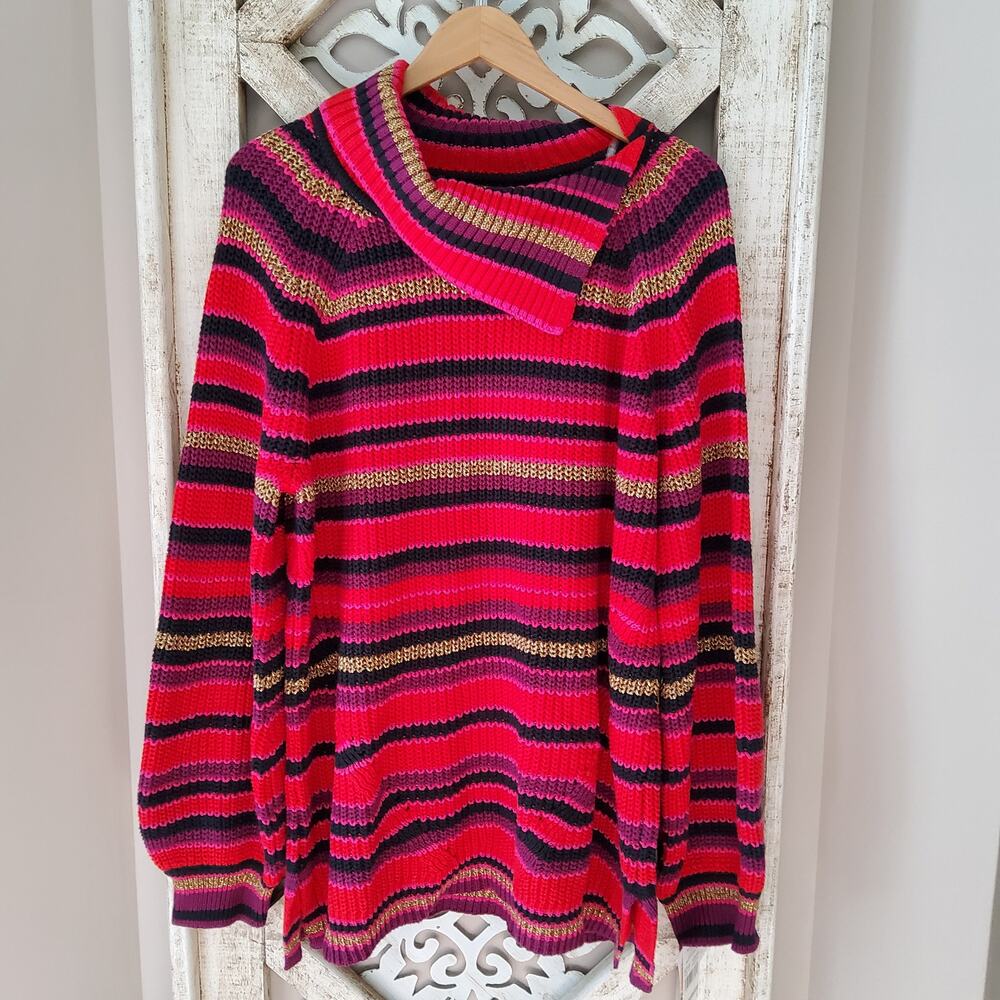 Ruby Rd Women's Plus Split Cowl Neck Oversized Sweater Red Gold Metallic Stripe